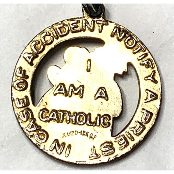 St. Christopher I Am A Catholic Medal Bag Charm 12K Gold Filled With Ball Chain - Picture 3 of 5